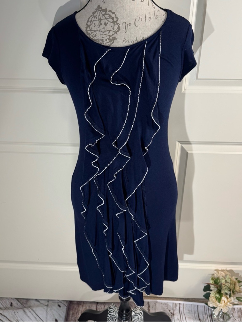 Design History Navy Midi Dress with White-Trim Ruffles Small
